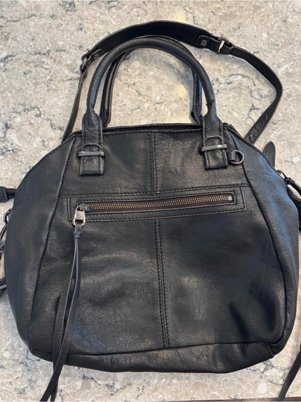 Elliott Lucca Black Leather Satchel Top Handle Zip Bag w/ Detachable Strap
